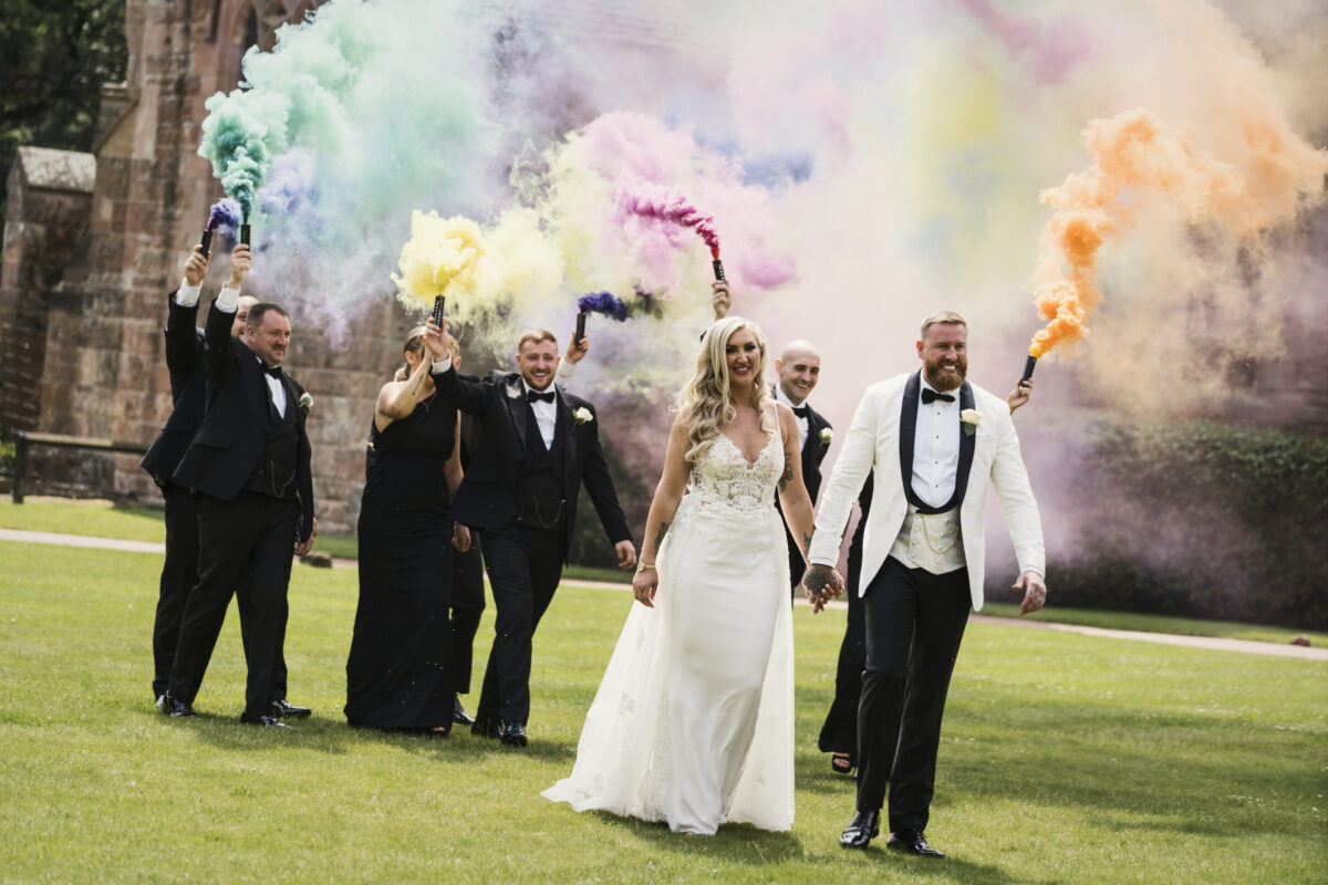 Coloured smoke bombs Peckforton Castle wedding photography