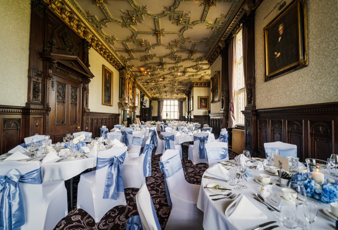 crewe hall wedding breakfast set up Cheshire