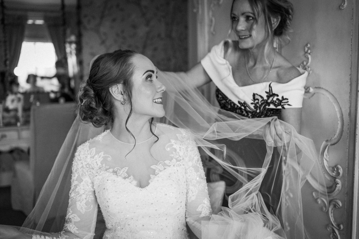 candid black and white bridal photography